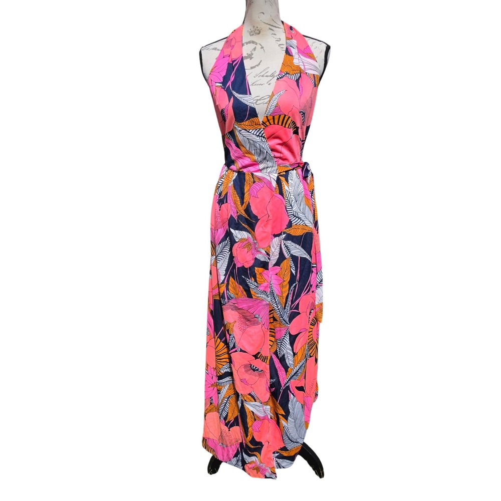 Calypso Bermuda Pink Floral Halter Wrap Maxi Dress Size 8 Fits Small - Picture 2 of 7